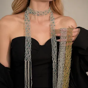 Vintage Light Luxury Crystal Beaded Tassel Scarf Necklace For Women Long Handcrafted Glass Bead Sweater Chain Fashion Jewelry Accessory