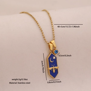 Detail of gold beaded necklace with blue bee pendant and evil eye charm and dimensions