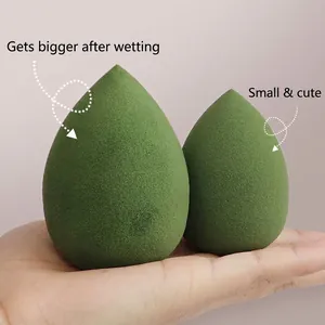 Waterdrop makeup sponge set in dark green showing size comparison before and after soaking