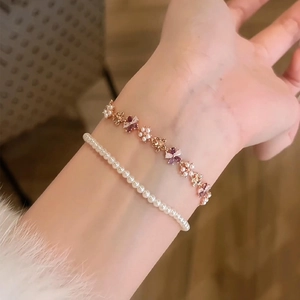 Elegant rose gold flower zircon bracelet and white pearl bead bracelet for women