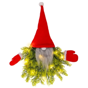 Lighted Christmas gnome wreath with red felt hat and green pine branches for door decor