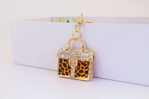 Close-up of leopard print handbag keychain with gold metal and sparkling rhinestones