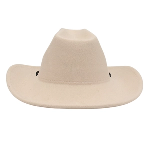 Close-up of beige Western cowboy hat with crown indent and black decorative cord