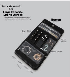 Three-fold PU jewelry organizer showing interior ring slots and zipper pockets