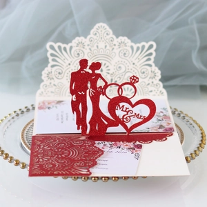 3D Pop-Up Wedding Invitation Card Glitter Laser Cut Shimmer Paper Mr And Mrs Heart For Engagement Bridal Shower