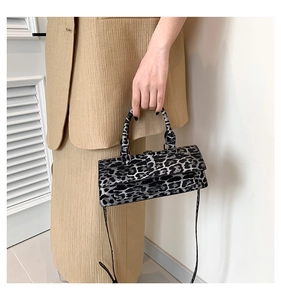Detail of grey leopard print small square bag featuring metal clasp and top handle texture