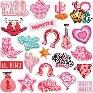Pink western cowboy embroidery patch set with cactus boots and hats for clothing decor