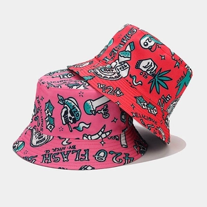 Reversible canvas bucket hat set in pink and red with graphic 420 flash tattoo prints
