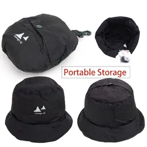 Foldable black padded bucket hat for hiking with portable snap storage design and logo