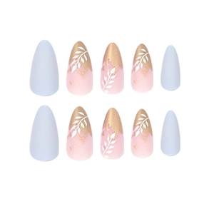 Almond-shaped press on nails featuring matte blue finish and white leaf gold foil accents