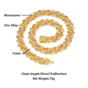 15mm Cuban link chain in gold finish with pink rhinestones and product dimensions