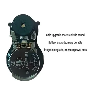 Macro view of novelty cricket noise maker PCB with CR2032 battery and speaker component