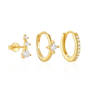 Detailed view of 3-piece gold S925 silver earring set with white zircon stones