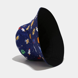 Close-up of double-sided sun hat featuring space patterns and black inner lining
