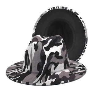 Grey and black camo fedora hat with a wide brim in stylish wool felt for men and women