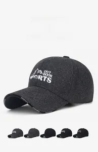 Detailed view of winter wool baseball cap with outdoor sports embroidery and color options