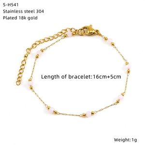 Detail view of 18k gold plated stainless steel bracelet with pink beads and sizing data
