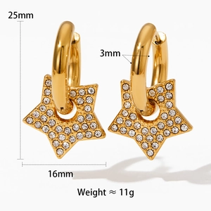 Detailed view of star hoop earrings with white zircons and dimensions 25mm by 16mm