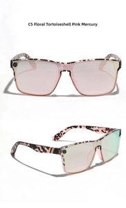 Detail of floral tortoise frames and pink mirrored lenses on large square sunglasses
