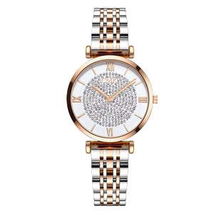 Women's quartz watch with two-tone silver and rose gold band and crystal-set dial