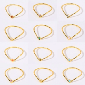 V Shape Monthly Birthstone Ring Zircon Inset Stainless Steel Gold Plated Minimalist Jewelry Mothers Day Gift For Women
