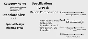 Guide des tailles pour lot de 12 culottes en coton avec détails des dimensions