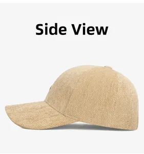 Side view detail of khaki herringbone cotton baseball cap with textured weaving fabric