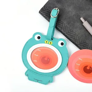Cute blue frog cartoon leather luggage tag with address info card and metal ring