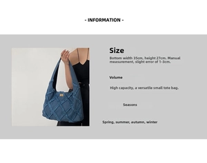 Blue quilted tote bag dimensions chart showing 35cm width and 27cm height details