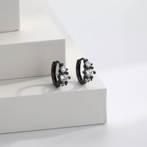 S925 sterling silver hoop earrings in black gold finish with three clear zircons