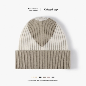 Women Winter Knitted Beanie Hat Warm Fleece Lined Thick Faux Rabbit Hair Jacquard Heart Pattern Outdoor Cuffed