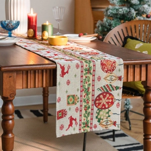 Retro Christmas table runner with reindeer and snowflake jacquard on wood table