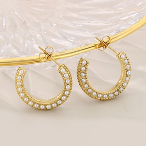 French vintage C-shaped gold stainless steel earrings with white pearl accents