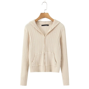 Women Cable Knit Hooded Cardigan Zip Up Sweater Long Sleeve Casual Outerwear With Pockets Polyester