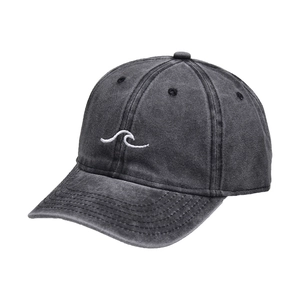 Close-up of white wave embroidery on washed dark grey vintage cotton baseball cap