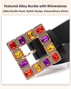 Close-up of golden square buckle with multi-color rhinestones on a black leather belt
