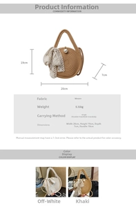 Detailed size chart for handmade woven round bag with lace bow and pearl decoration