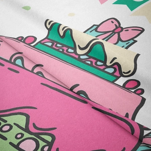 Close-up detail showing the soft microfiber texture and vibrant cartoon cake print of the tapestry