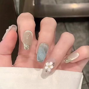 Cat Eye Press On Nails With 3D White Flower Gradient Nude Pink Blue Gold French Edge Artificial Finger Nails For Women