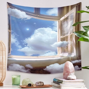 Détail de tapisserie bohème surréaliste avec vue sur un croissant de lune décoratif