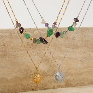 Double-layer stainless steel necklace featuring a sun pendant and natural stone beads