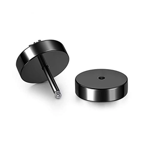 Macro detail of black stainless steel dumbbell stud earrings with screw-back design