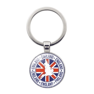 Detail of round metal keychain with Union Jack flag and England map silhouette design