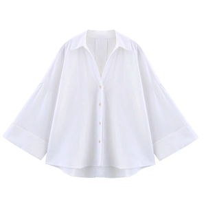 Elegant white V-neck shirt for women featuring oversized cuffs and a loose button-down fit