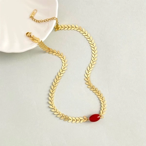 Vintage Stainless Steel Leaf Chain Necklace With Red Agate Stone Retro Gold Elegant Jewelry For Women