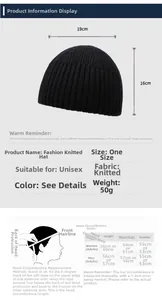 Size chart for unisex knit beanie with dimensions 19x16cm and head circumference guide