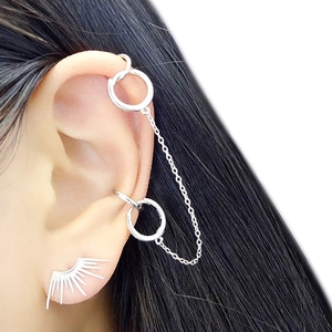 S925 silver sunburst stud earrings and chain ear cuff set with polished metal finish