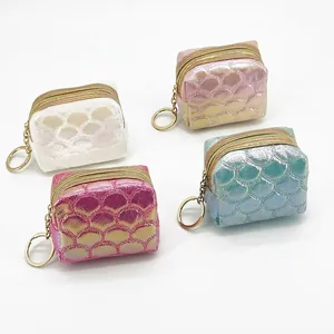 Mini Fish Scale Coin Purse Holographic Gradient Faux Leather Wallet With Keyring Zipper Portable Storage Bag For Women Kids