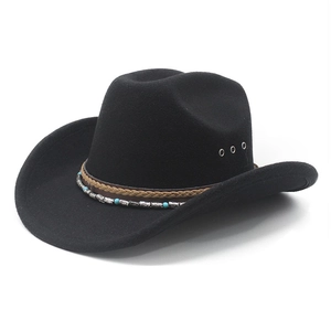 Western Cowboy Hat Felt Wide Brim Fedora Braided Leather Strap Turquoise Beads Ethnic Retro Jazz Sun Hat