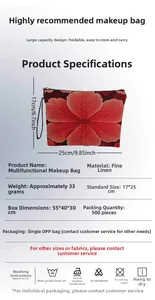 Détail de la trousse à maquillage en lin avec motif feuilles d'érable et dimensions 25x17cm